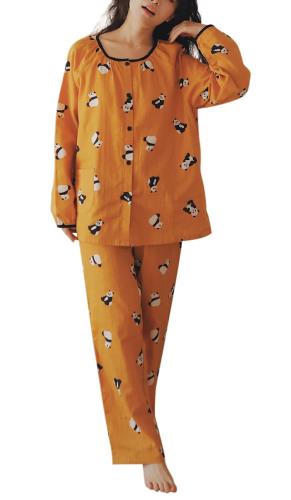 [Euyqs] レディース二重ガーゼ長袖 丸首メロウフリルパジャマ (XL, イエロー パンダ)