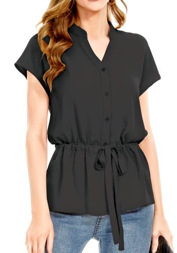 [SPRING SEAON] ブラウス 半袖 シャツ トップス レディース Vネック フレンチスリーブ シフォン ノーアイロン 高通気性 オフィスカジュアル 通勤 大きいサイズ ウェスト調節 エレガント ブラック 3L