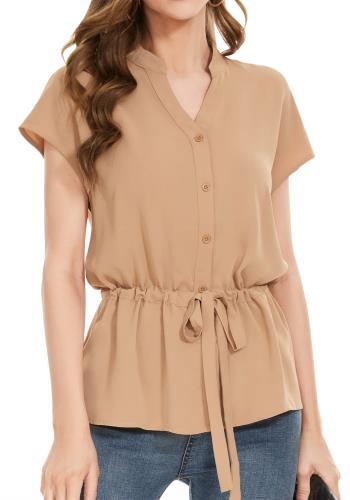 [SPRING SEAON] ブラウス 半袖 シャツ トップス レディース Vネック フレンチスリーブ シフォン ノーアイロン 高通気性 オフィスカジュアル 通勤 大きいサイズ ウェスト調節 エレガント ベージュ 3L