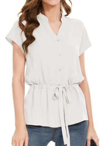 [SPRING SEAON] ブラウス 半袖 シャツ トップス レディース Vネック フレンチスリーブ シフォン ノーアイロン 高通気性 オフィスカジュアル 通勤 大きいサイズ ウェスト調節 エレガント ホワイト S