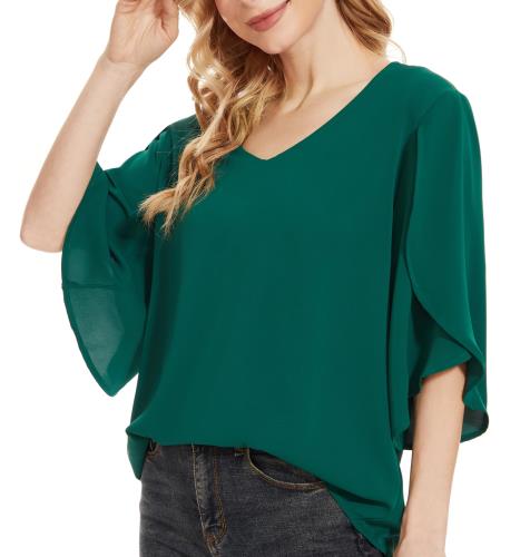 [SPRING SEAON] ブラウス シャツ レディース 夏 七分袖 プルオーバー ラッフル袖 ふんわり 涼しげ 大人可愛い ゆったり エレガント 高通気性 オフィスカジュアル 通勤 大きいサイズ ダークグリーン L