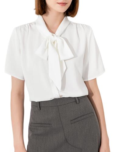 [SPRING SEAON] ボウタイシャツ 半袖 ブラウス リボン 春 夏 トップス スーツ インナー オフィスカジュアル 大きいサイズ リボン エレガント ホワイト S