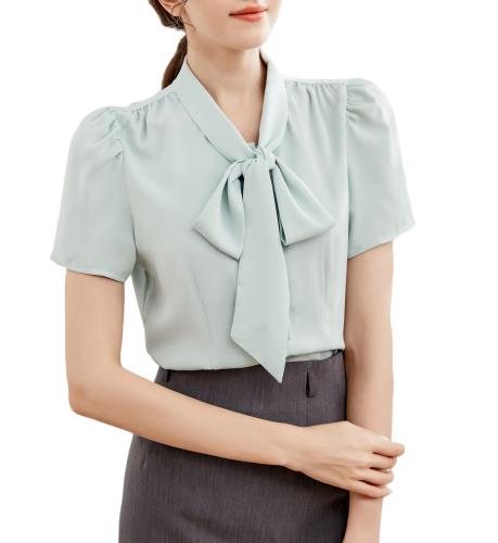 [SPRING SEAON] ボウタイシャツ 半袖 ブラウス リボン 春 夏 トップス スーツ インナー オフィスカジュアル 大きいサイズ リボン エレガント グリーン 3L