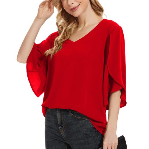 [SPRING SEAON] ブラウス シャツ レディース 夏 七分袖 プルオーバー ラッフル袖 ふんわり 涼しげ 大人可愛い ゆったり エレガント 高通気性 オフィスカジュアル 通勤 大きいサイズ レッド 3L