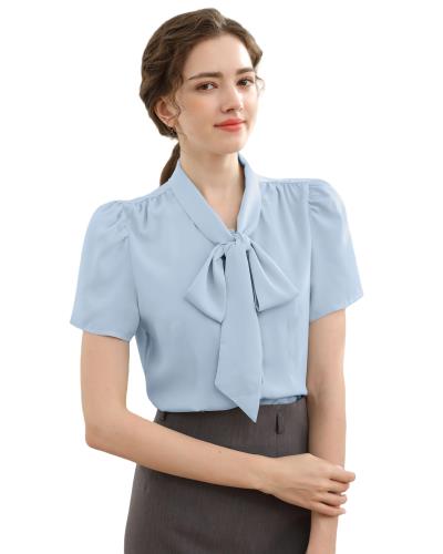 [SPRING SEAON] ボウタイシャツ 半袖 シフォン ブラウス リボン トップス 春 夏 スーツ インナー オフィスカジュアル おしゃれ 大きいサイズ エレガント 水色 M