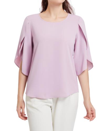 [SPRING SEAON] ブラウス シャツ レディース 夏 七分袖 プルオーバー ラッフル袖 ふんわり 涼しげ 大人可愛い ゆったり エレガント 高通気性 オフィスカジュアル 通勤 大きいサイズ ピンク S