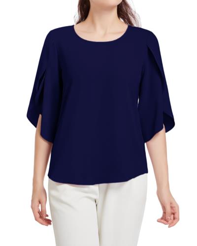 [SPRING SEAON] ブラウス シャツ レディース 夏 七分袖 プルオーバー ラッフル袖 ふんわり 涼しげ 大人可愛い ゆったり エレガント 高通気性 オフィスカジュアル 通勤 大きいサイズ ネイビー S