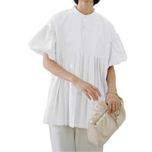 [SPRING SEAON] プリーツシャツ レディース トップス ブラウス 半袖 バルーン袖 シル