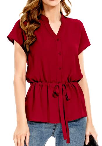 [SPRING SEAON] ブラウス 半袖 シャツ トップス レディース Vネック フレンチスリーブ シフォン ノーアイロン 高通気性 オフィスカジュアル 通勤 大きいサイズ ウェスト調節 エレガント ワインレッド L