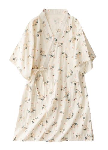 [Euyqs] 綿 パジャマ 二重ガーゼ レディース 前開き ロング丈入院用 介護用 産後 ナイトガウン (#17 ベージュ, L)(4)