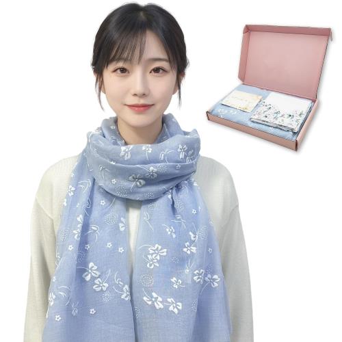 [GOKEI] ストール ギフト 薄手 刺繍 母の日 人気 プレゼント レトロ風 大判ストール ショール 誕生日 綿 おしゃれ 花 レディース 花柄 大判 UV対策 冷房対策 柔らかい 敬老の日 エレガント 春用 夏用 春夏 プリントタイプ - スカイブルー