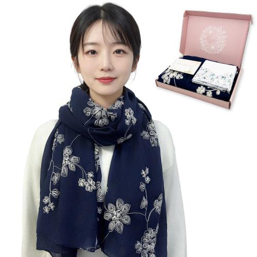 [GOKEI] ストール ギフト 薄手 刺繍 母の日 人気 プレゼント レトロ風 大判ストール ショール 誕生日 綿 おしゃれ 花 レディース 花柄 大判 UV対策 冷房対策 柔らかい 敬老の日 エレガント 春用 夏用 春夏 刺繍タイプ - ネイビー