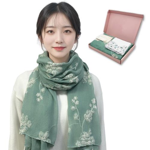 [GOKEI] ストール ギフト 薄手 刺繍 母の日 人気 プレゼント レトロ風 大判ストール ショール 誕生日 綿 おしゃれ 花 レディース 花柄 大判 UV対策 冷房対策 柔らかい 敬老の日 エレガント 春用 夏用 春夏 刺繍タイプ - グリーン