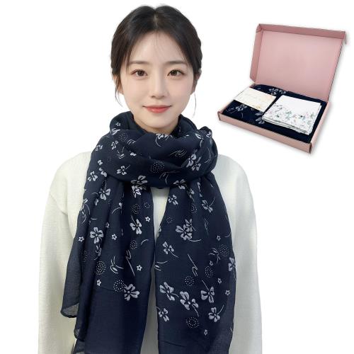 [GOKEI] ストール ギフト スカーフ 薄手 刺繍 母の日 人気 プレゼント レトロ風 大判ストール ショール 誕生日 綿 おしゃれ 花 レディース 花柄 大判 UV対策 冷房対策 柔らかい 敬老の日 エレガント 春用 夏用 春夏 プリントタイプ - ネイビー