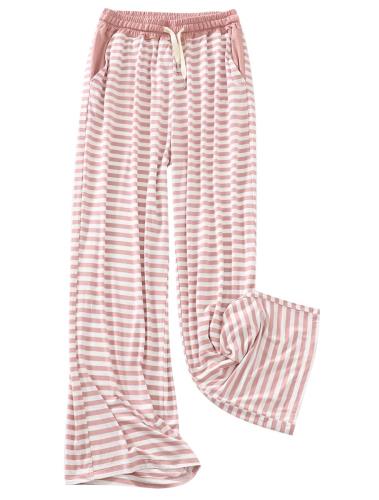 [Euyqs] レディース モダール ボーダー パジャマパンツ ゆったり 高ウエストポケット付き (M, ピンク)
