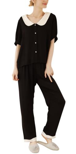 [Euyqs] レディース パジャマ レーヨンサテン ルームウェア 上下セット 半袖トップパンツ (JP, アルファベット, M, ブラック)