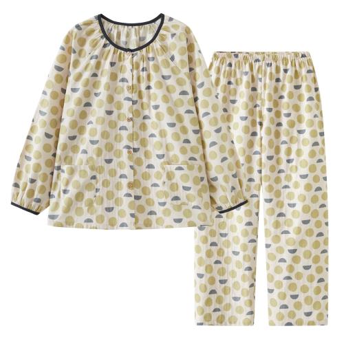 [Euyqs] レディース二重ガーゼ長袖 丸首メロウフリルパジャマ (JP, アルファベット, XL, 丸形グリーン)