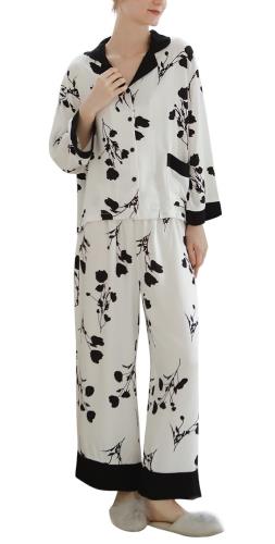 [Euyqs] パジャマ レーヨンサテン レディース カーディガン長袖 ルームワンピース ルームウェア (花柄-ブラック, S)