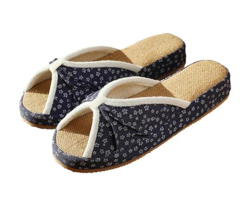 [Euyqs] 花柄 亜麻スリッパ 通気性 静音 滑り止め付 室内履きルームシューズ (ネイビー, 大人, M, アルファベット, 日本の靴のサイズ寸法)