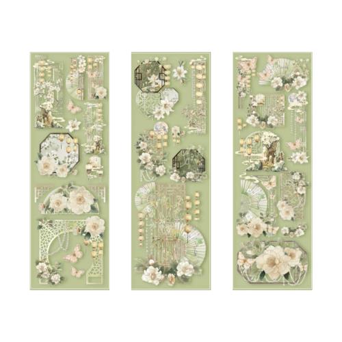 コラージュ素材 シール フレーク 透明 青花磁器 白鶴 金魚 蝶 花々 防水 レトロ 半透明 PET コラージュ..