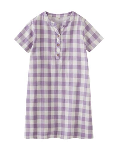 [Euyqs] レディース 半袖 前開き 綿 ダブルガーゼ 通気 スキンタッチ 柔らかい 肌に優しい 可愛い ルームワンピース ネグリジェ パジャマ (JP, アルファベット, M, チェック薄紫)(4)