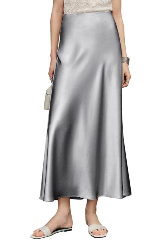 [Euyqs] エレガントなサテン調フィッシュテールスカート ハイウエスト サイドスリット (JP, アルファベット, S, グレー)