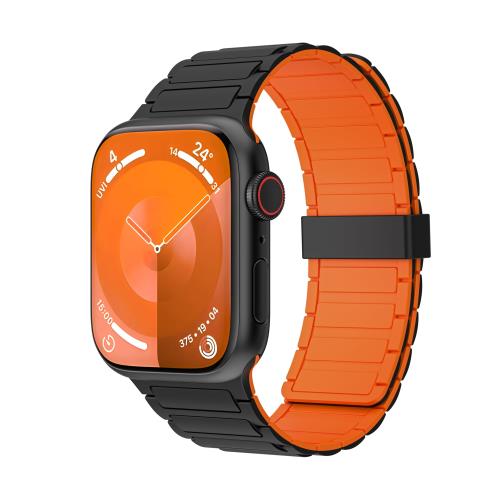 YOFITAR for Apple Watch バンド マグネット シリコン 49mm/46mm/45mm/44mm/42mm/41mm/40mm アップルウォッチ ベルト Series Ultra2/Ultra/10/9/8/7/6/SE/SE2/5/4 防水 蒸れない 通気性 汗に強い（ブラック/オレンジ、49mm/46mm/45mm/44mm)