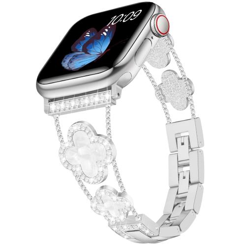 ブリンブリン モンド レディース バンドコンパチブル Apple Watch バンド 49mm 46mm 45mm 44mm 42mm 41mm 40mm 38mm Ultra SE Series 10 9 8 7 6 5 4 3 2 1 かわいいラッキークローバー ドレッシー交換用ブレスレットと互換性あり(シルバー)