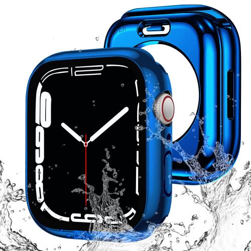 AMAPC for Apple Watch ケース 360度全面防水 バンド 水泳・スポーツ専用 ガラスフィルム 一体型 apple watch 用 カバー 360フルボディ防水 アップルウォッチ ケース Apple Watch Series 9/8/7 45mm対応 光沢のブルー(2)