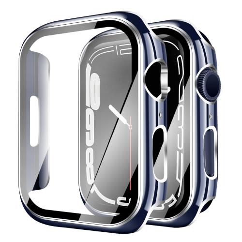 YUGYUG 対応 Apple Watch ケース Series 3/2/1 Apple Watch カバー PC素材 光沢式 アップルウォッチ ケース ガラスフィルム 一体型 日本旭硝子材 二重構造 アップルウォッチ カバー 全面保護 強化ガラス キズ防止(38mm,ブルー+シルバー)