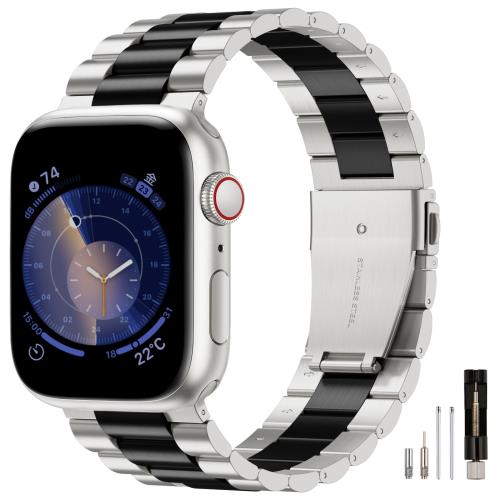 コンパチブル アップルウォッチ バンド 46mm 45mm 44mm 42mm 41mm 40mm 38mm ステンレス 男女兼用 コンパチブル apple watch バンド メンズ ビジネス 金属 ベルト iWatch Series11/10/9/8/SE3/SE2/SE/7/6/5/4に対応(シルバー/ブラック,49mm/46mm/45mm/44mm)