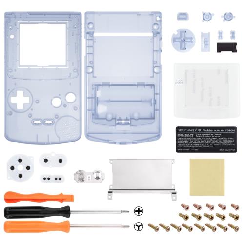 Gameboy Colorに対応用IPSアップグレード済みeXtremeRate交換用シェルフルハウジングカバーボタン付きクリア素材、GBC OSD IPS Regular IPS Standard LCDにも対応します（コンソールやIPSスクリーンは付属していません。）クリアグレイシャーブルー白い保護フィルム