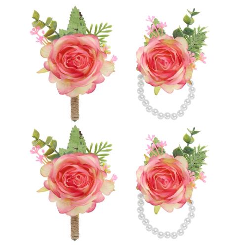 PATIKIL ローズリストコサージュとブートニアセット 4個 ウェディングフラワーリストバンドブレスレットハンドフラワーテザーアクセサリー 男性用女性用独身パ...