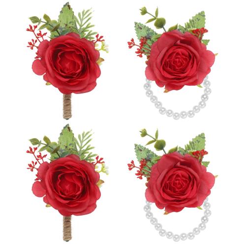 PATIKIL ローズリストコサージュとブートニアセット 4個 ウェディングフラワーリストバンドブレスレットハンドフラワーテザーアクセサリー 男性用女性用独身パ...