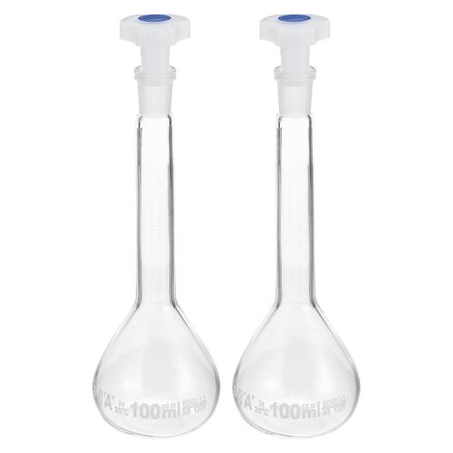 PATIKIL 100ml メスフラスコ 2個 3.3ホウケイ酸ガラス製メスフラスコ プラグキャップ付き 許容範囲0.1m..