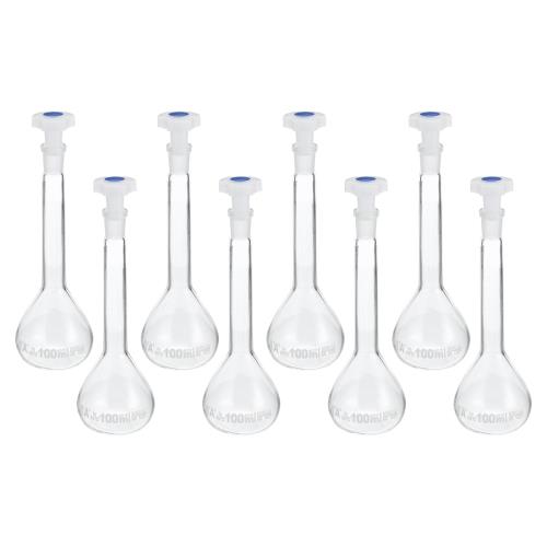 PATIKIL 100ml メスフラスコ 8個 3.3ホウケイ酸ガラス製メスフラスコ プラグキャップ付き 許容範囲0.1m..