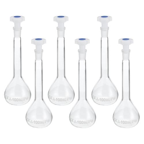 PATIKIL 100ml メスフラスコ 6個 3.3ホウケイ酸ガラス製メスフラスコ プラグキャップ付き 許容範囲0.1m..