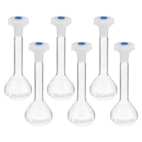 PATIKIL 25ml メスフラスコ 6個 3.3ホウケイ酸ガラス製メスフラスコ プラグキャップ付き 許容範囲0.04m..