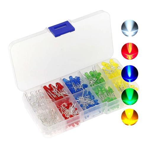 サムコス 発光ダイオード 透明LEDダイオード 3mm 5mm 円型頭部 高輝度 電子部品ライト 赤/青/黄/緑/白 5色 収納ケース付 200個入