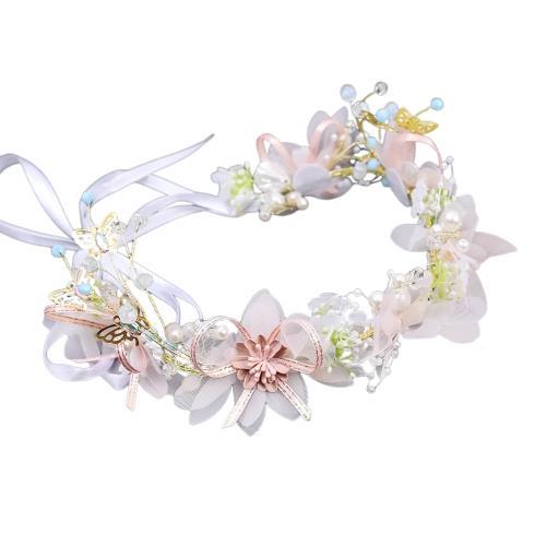 サムコス 髪飾り 花 パール 花かんむり リボン ホワイト ヘッドドレス クリスタルビーズ 花冠 ヘアアクセサリー 結婚式 発表会 披露宴 卒業式 パーティー ダンス 和装 撮影 写真 子供 大人用 (B)
