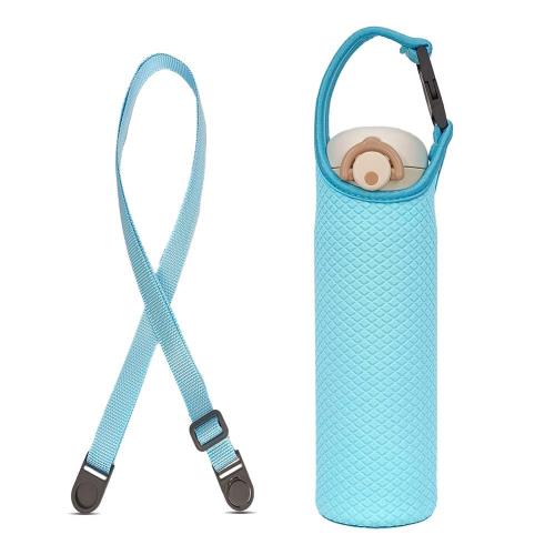 Futakuchi 水筒カバー 2way 断熱 保冷 350ml 500ml 600ml 魔法瓶用 ペットボトルカバー ペットボトルホルダー 手提げ 斜めかけ ショルダー ストラップ 水筒 保温 ケース 800ml ペットボトル ほるだー ボトル用 ポーチ サーモス 象印 タイガー 1個セット (水色, 500ml-600ml)