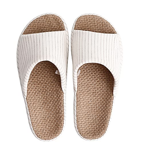 [YAKIDA] 人間工学デザイン スリッパ 室内 夏用 麻 ルームシューズ 室内履き 静音 軽量 前開き 滑り止め メンズ レディース 和風 無地 シンプル 素足で履く洗濯可 ベージュ L(24.0-24.5cm)