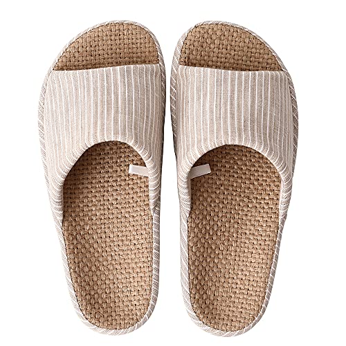 [YAKIDA] 人間工学デザイン スリッパ 室内 夏用 麻 ルームシューズ 室内履き 静音 軽量 前開き 滑り止め メンズ レディース 和風 無地 シンプル 素足で履く洗濯可 キャメル L(24.0-24.5cm)