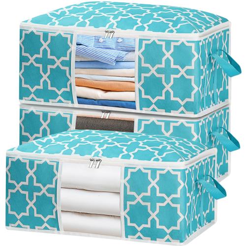 LHZK 布団収納袋 3点セット 持ち手とファスナー付き 布団袋 折りたたみ式 透明窓付き 羽毛布団 収納袋 衣類 毛布 収納 掛け布団 敷布団の収納に適しています 通気性が良い 省スペース 不織布製 無臭 防塵 防虫(48*36*20cm, ブルー)