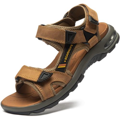 [SOARHOPE] メンズ アウトドアサンダル スポーツサンダル 本革 サマーサンダル 夏 通気 ウォーキング 外履き キャンプ エアークッション マジックテープ 運転 歩きやすい 通気 おしゃれ ライトブラウン 25.5cm