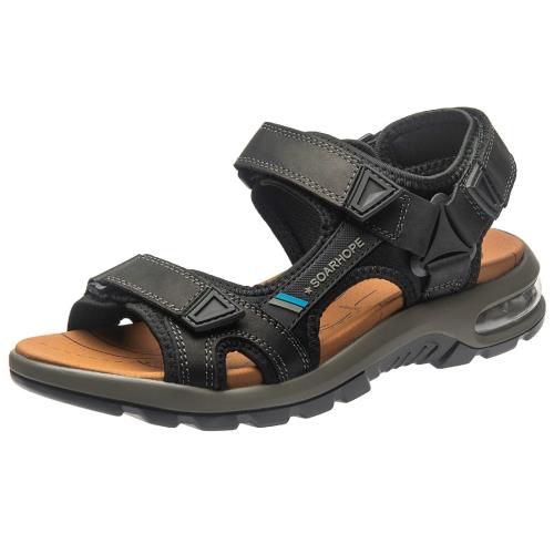 [SOARHOPE] メンズ アウトドアサンダル スポーツサンダル ッション マジックテープ サマーサンダル 外履き 本革 エアーク ウォーキング キャンプ 運転 通気 おしゃれ 歩きやすい ブラック 27.5 cm