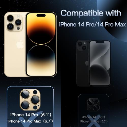 JEDirect カメラレンズフィルム iPhone 14 Pro 6.1インチ/iPhone 14 Pro Max 6.7インチ用 全面保護 9H強化ガラス リングカバー マット金属プレート ケースに干渉なし 1枚入り （ゴールド）