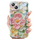 JETech iPhone 13 6.1インチ用 かわいいケース カラフルなレトロ油絵花柄 カーリーウェーブフレーム 花模様 TPUソフトスマホ保護カバー 女性用 女子向け (ピンクの花)