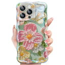 JETech iPhone 13 Pro 6.1インチ用 かわいいケース カラフルなレトロ油絵花柄 カーリーウェーブフレーム 花模様 TPUソフトスマホ保護カバー 女性用 女子向け (ピンクの花)