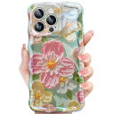 JETech iPhone 13 Pro Max 6.7インチ用 かわいいケース カラフルなレトロ油絵花柄 カーリーウェーブフレーム 花模様 TPUソフトスマホ保護カバー 女性用 女子向け (ピンクの花)